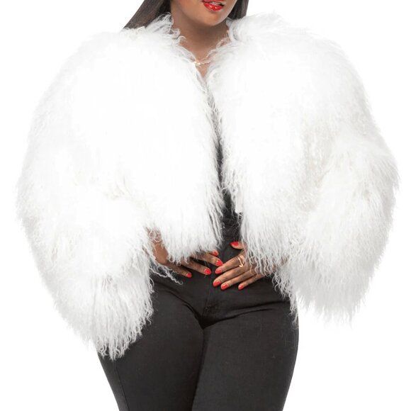 White Casual Women's Fluffy Soft Fuzzy Cropped Faux Fur Jacket - Picture 4 of 7